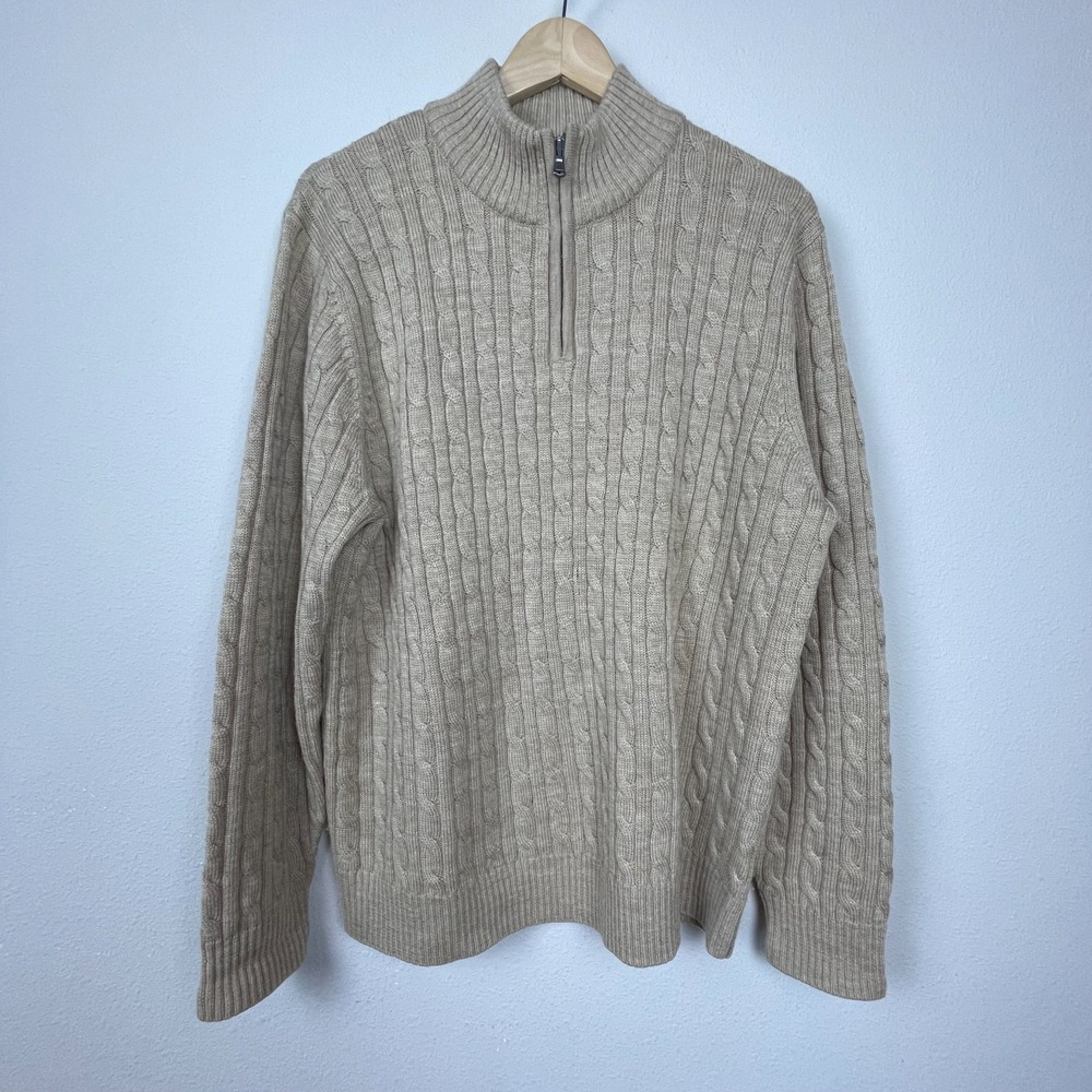 Lands' End XL Tan Wool Cable Knit 1/4-Zip Sweater Preppy Grandpacore Classic